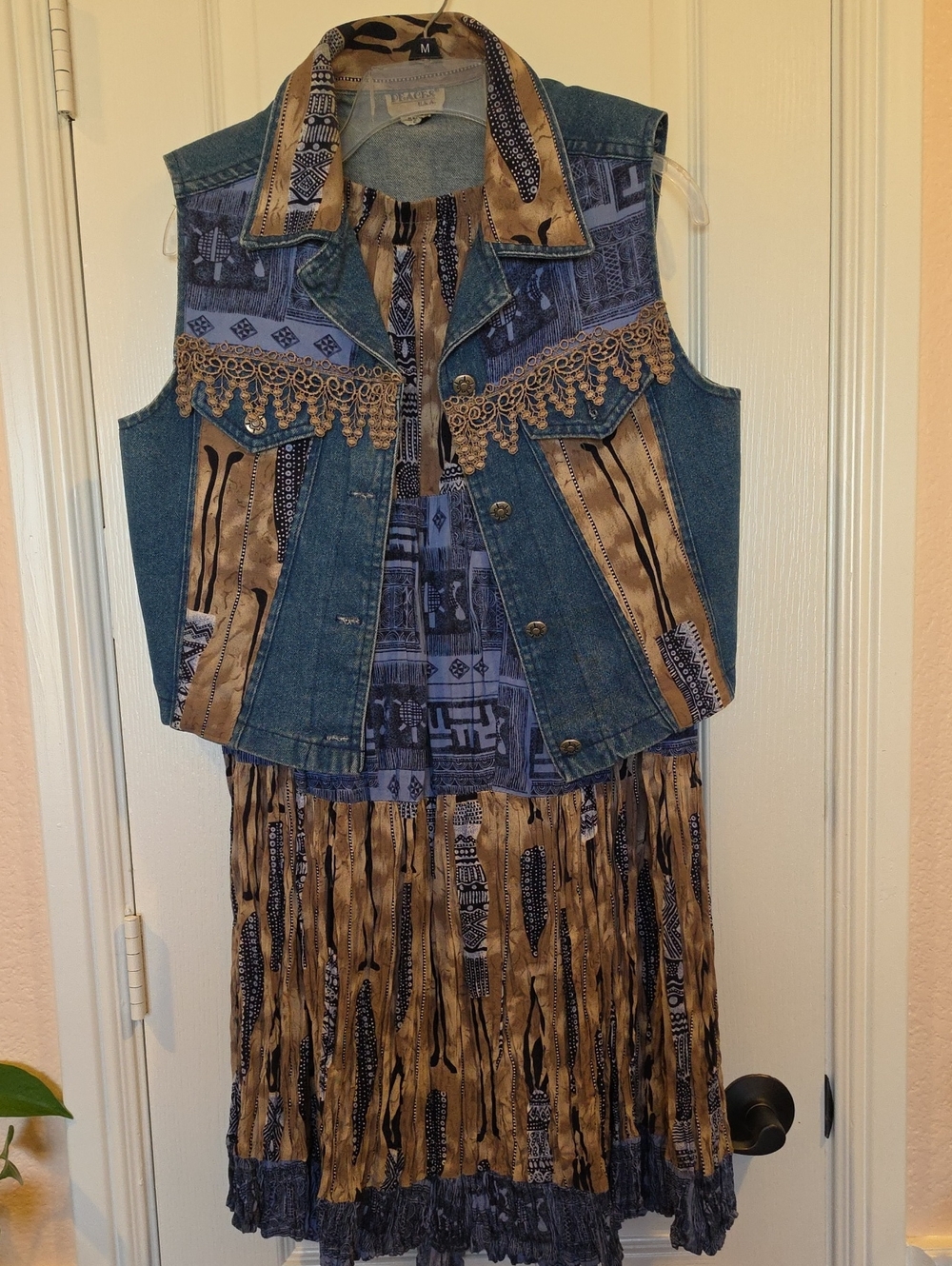 Boho Denim Patchwork Vest with Fringe Trim And Matching Broom Skirt - VTG SET